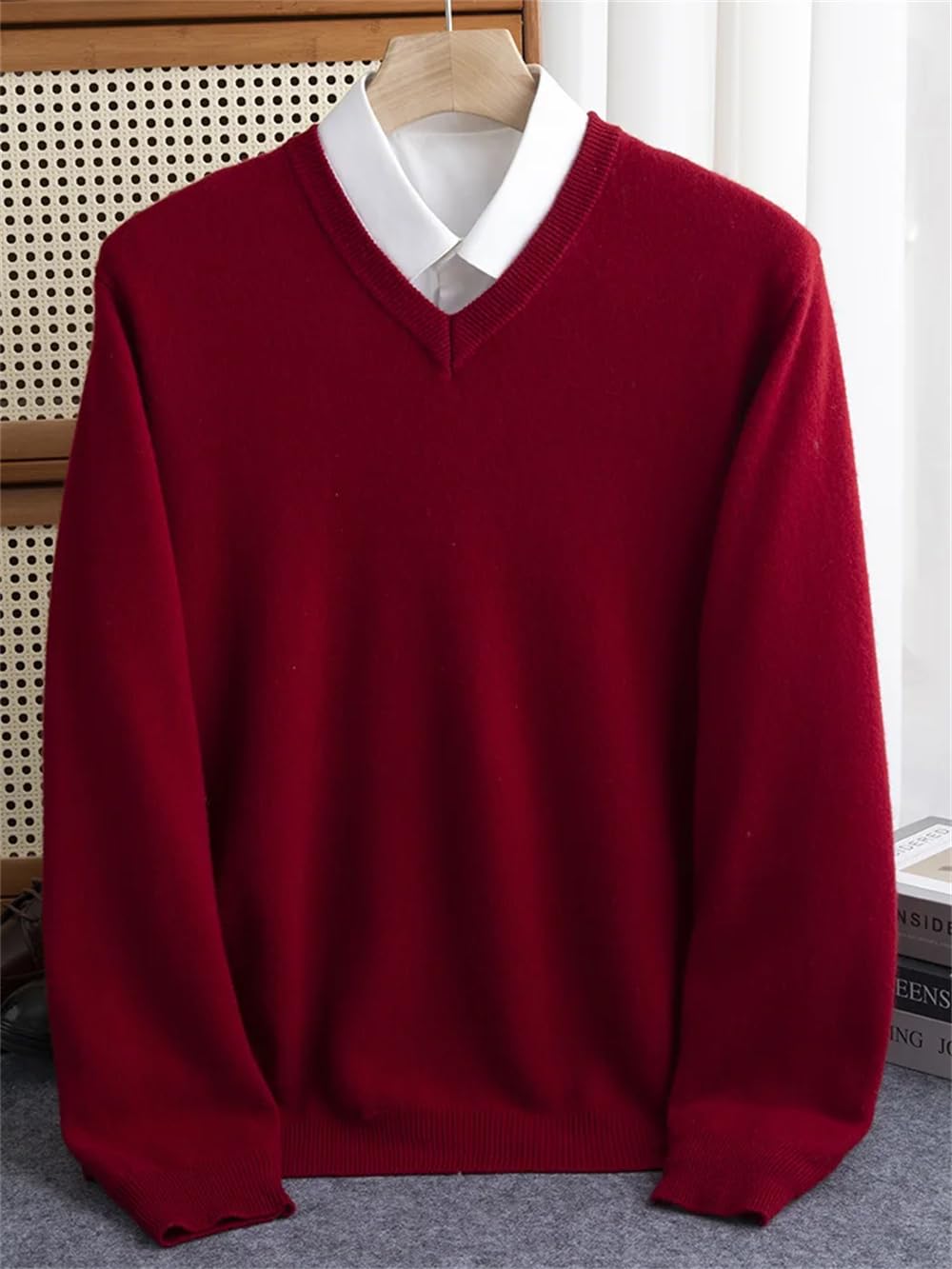 Adhdyuud Maglione invernale da uomo in lana merino con scollo a V a maniche lunghe in cashmere spesso