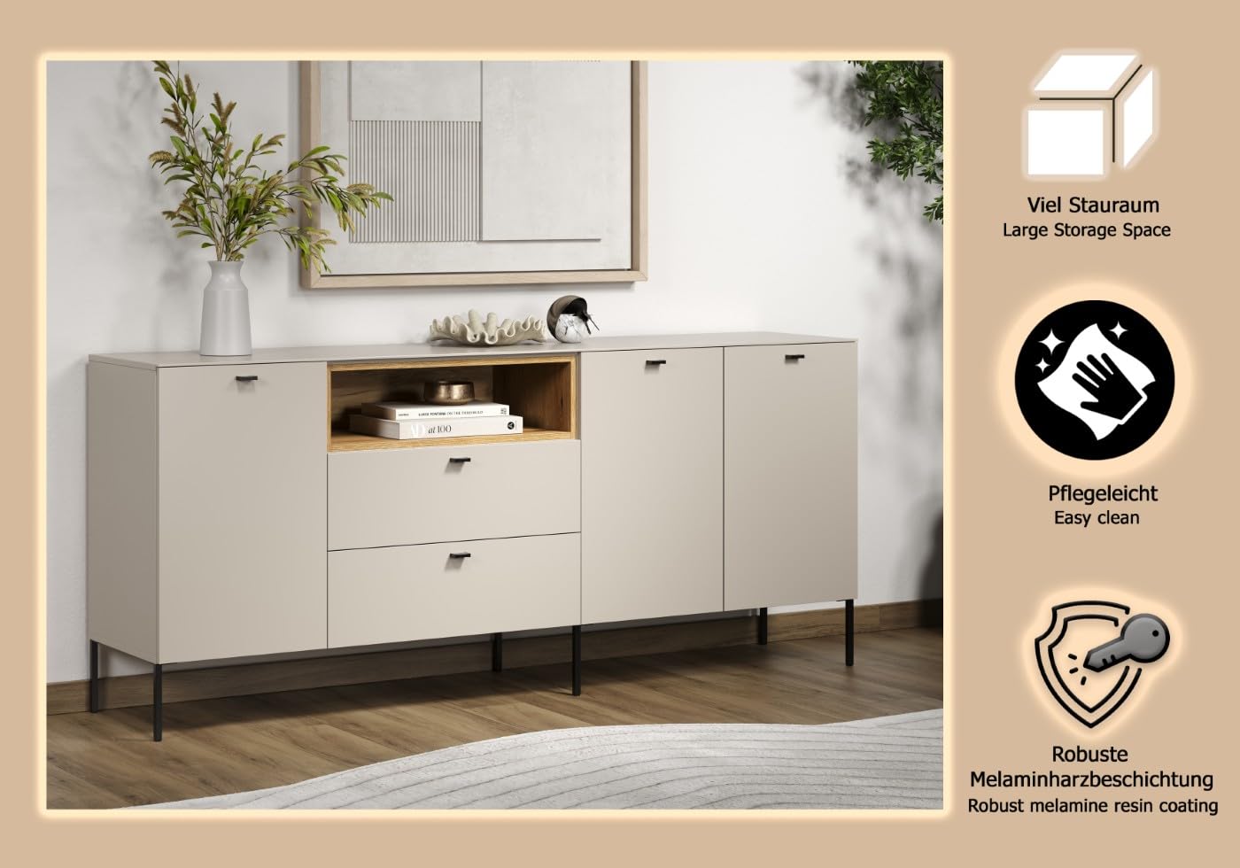 trendteam smart living Sao Paulo Sideboard Kashmir (Beige)/Evoke Eiche Kommode mit Soft-Close Funktion 197 x 85 x 42 cm Schwarze Metallgriffe und -Füße