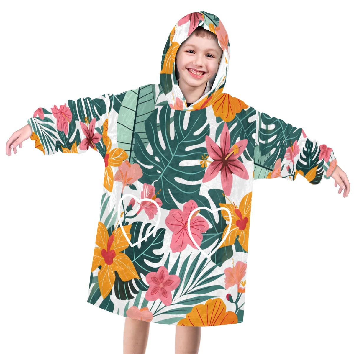 Pardick Wearable Blanket Hoodie for Kids, Lovely Flowers Fleece Sweatshirt Blanket Oversized Blanket Sweatshirt with Pocket Flannel Warm Hooded Blanket 6-10 Year Old Girl Boy Gift, One Size