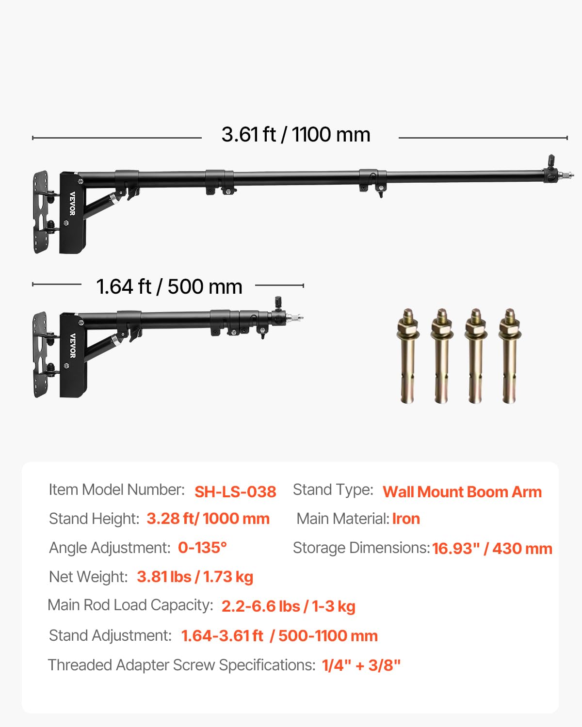 VEVOR Supporto a Parete per Luce ad Anello 100 cm Supporto per Braccio a Braccio Triangolare con Rotazione 180° Supporto a Parete per Impieghi Gravosi, per Luce Video da Studio, Monoluce, Fotografia