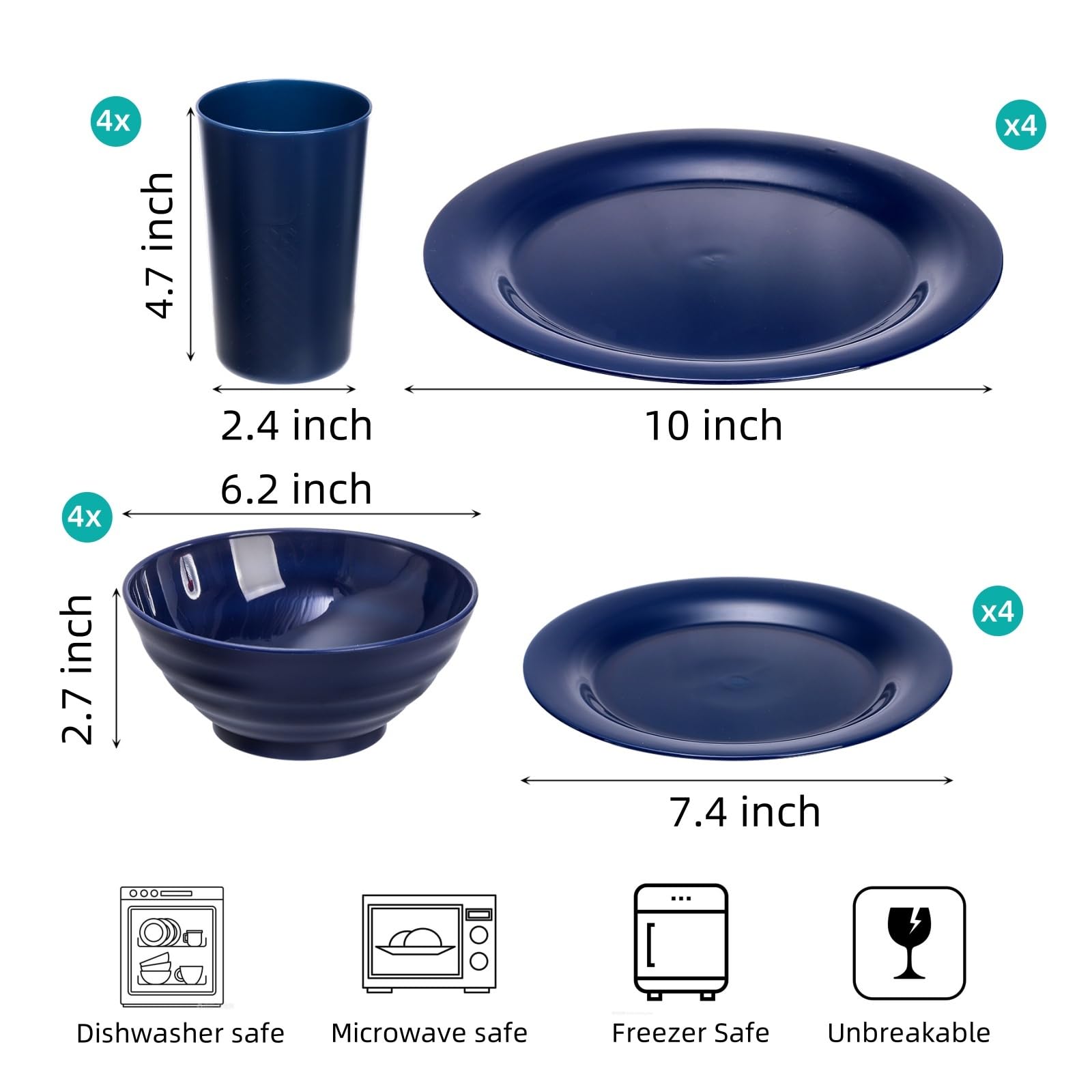 WRINGKIT 16-teiliges Geschirr-Set für 4, mikrowellengeeignete Teller und Schüssel-Sets, leichte Schalen mit Tellern, Tassen, BPA-freies Kunststoff-Geschirr-Set für Camping, Picknick, Küchengeschirr