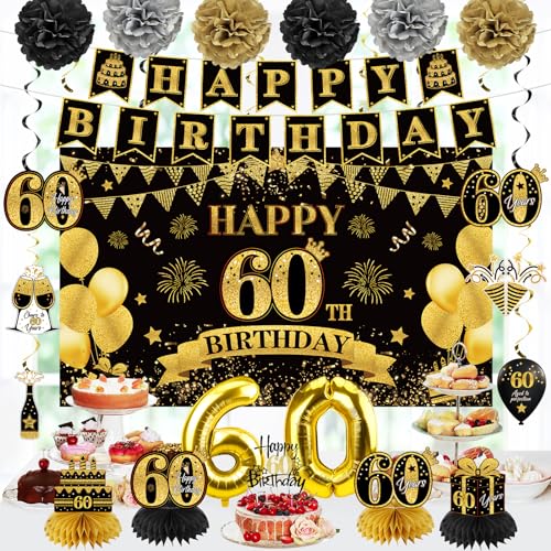 Eucutur SX00321 42Pcs 60Th Birthday Decoration Kit For Men Women, Black Gold Happy 60Th Bday Banner Balloons Honeycomb Centerpiece Swirl Paper Pompoms Party Supplies thumb #3