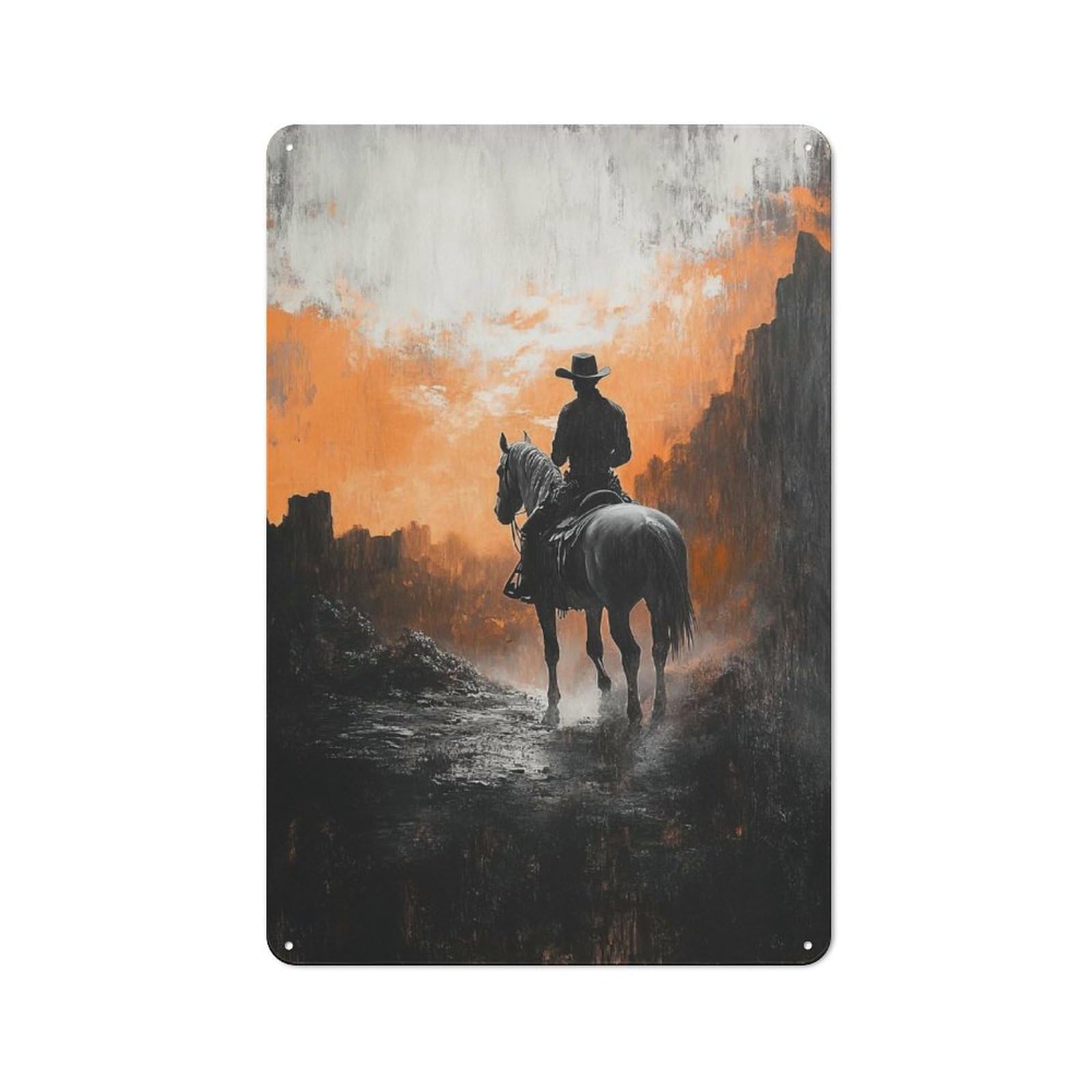 Junmoney Style-2 Tin Wall Plaque 30X20cm With Lone Cowboy At Sunset For Café Or Restaurant, New Home Wall Decor For Hospitality Interior Collectors