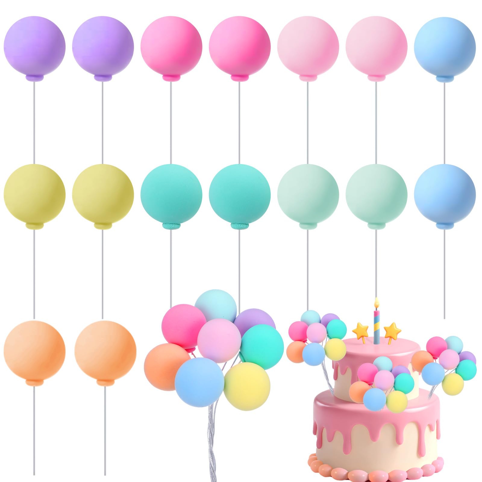 16Pcs Colorful Balloon Cake Toppers, Mini Round Foam Balls on Sticks, Suitable for Birthday Parties, Baby Showers, Weddings and Anniversaries, Vibrant Cake Decorations to Add Festive Atmosphere