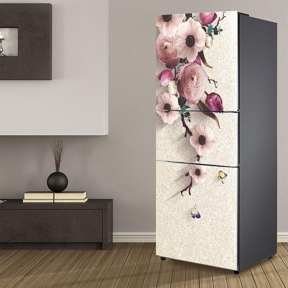 Targawerelax Pink Fridge Wraps Kitchen Fridge Stickers Cover Full Doors, Fridge Sticker Full Covering Door Fridge Covers Skins Wall Stickers For Kitchen Decal, Bright Flowers