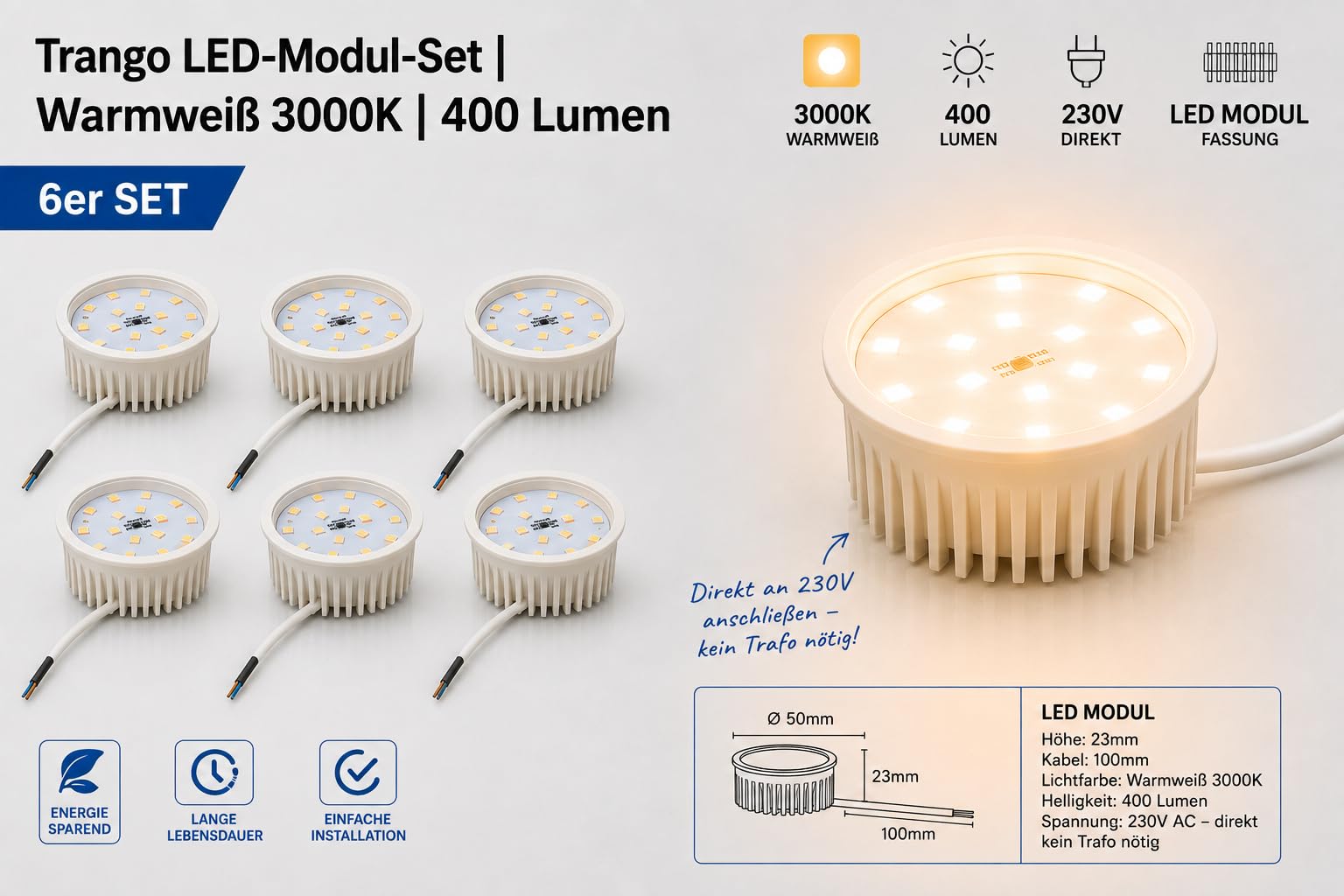 Trango 6er Set LED Einbaustrahler 6729S-06MO Einbauleuchten, Deckenstrahler, Strahler aus Glas & Alu inkl. 6x 5 Watt LED Modul Ultra flach Deckenspots, Einbauspots, Spots