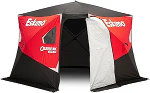 Eskimo Outbreak Portable Pop-Up Ice Fishing Shelter, Stormshield Insulated Fabric, No Trip Door, Durable Hub Design, Deluxe Tie Downs, Red/Black
