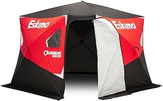 Eskimo Outbreak Portable Pop-Up Ice Fishing Shelter, Stormshield Insulated Fabric, No Trip Door, Durable Hub Design, Deluxe Tie Downs, Red/Black