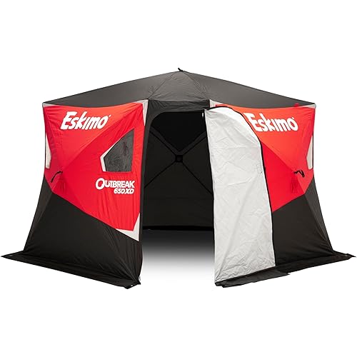 Eskimo Outbreak Portable Pop-Up Ice Fishing Shelter, Stormshield Insulated Fabric, No Trip Door, Durable Hub Design, Deluxe Tie Downs, Red/Black