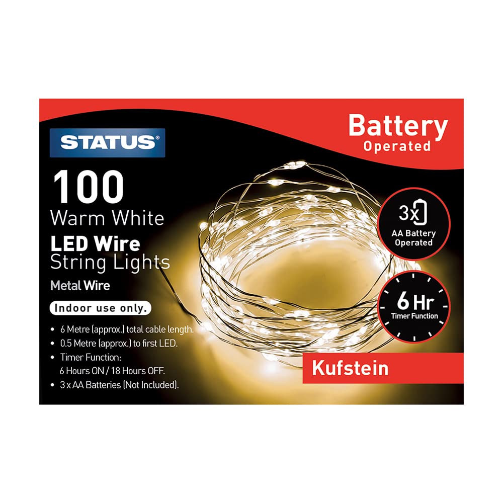 Status White Led Wire String Lights Indoor Use - Battery Operated- 100 Warm Lights