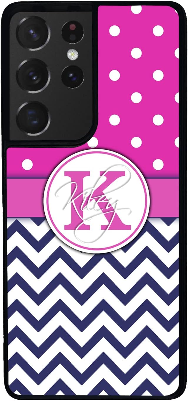 Pink Polka Dot Chevron Personalized Black Rubber Phone Case Compatible With Samsung Galaxy S25 S25+ S25 Ultra S24 S24+ S24 Ultra S24FE, S23 FE S23+ Ultra S22 S22+
