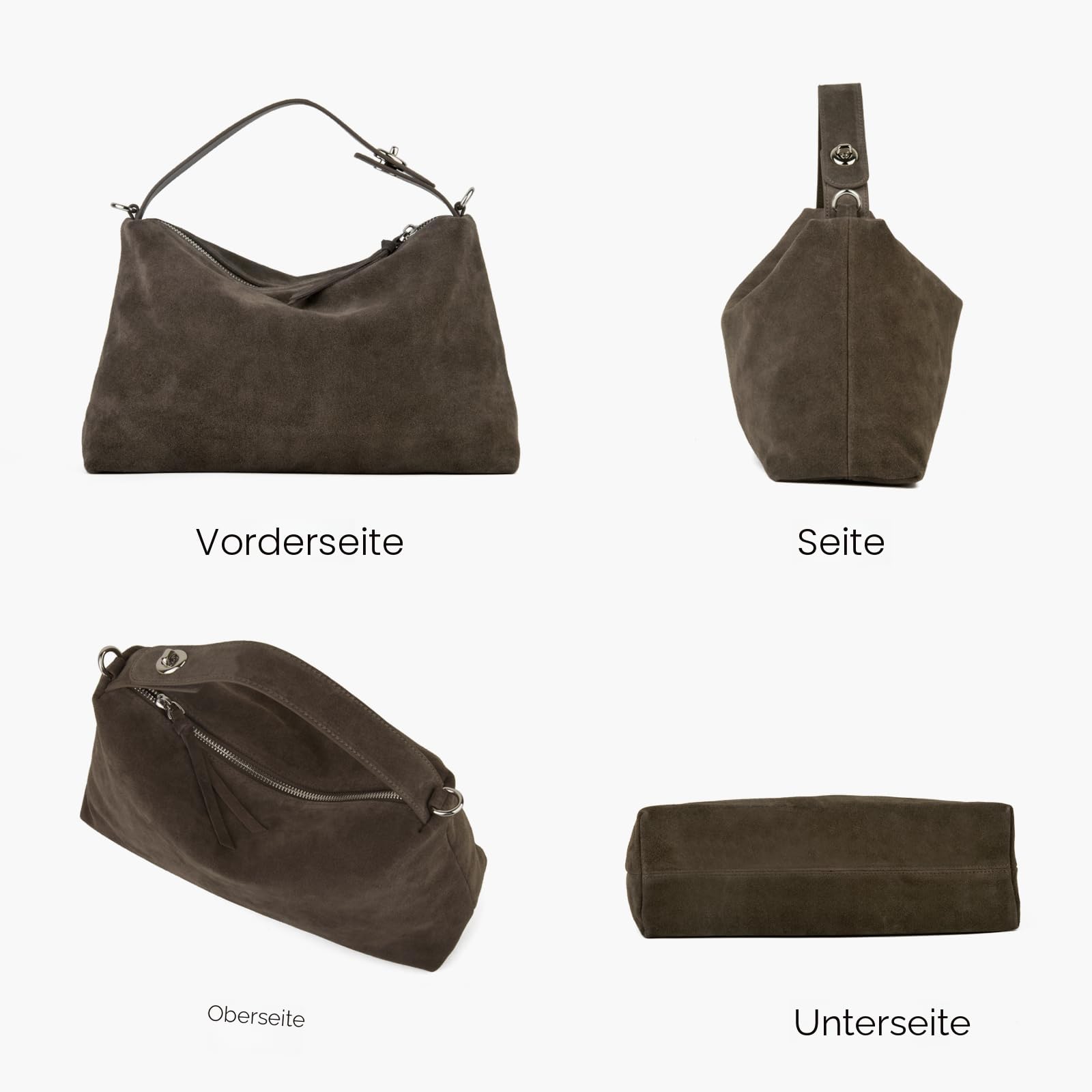 DONNAIN Premium Wildleder Tasche Damen aus Halbmondform, Handtasche Leder, Lederhandtasche Damen Echtleder, Umhängetasche, Elegant Suede Bag mit verstellbarem Riemen