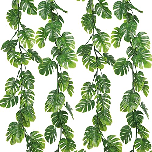 RECUTMS 4Pcs Artificial Monstera Leaves Vines, 5.9FT Fake Hanging Plant Ivy Faux Tropical Palm Leaf Greenery Garland for Garden Porch Patio Jungle Luau Beach Birthday Party Indoor Outdoor Spring Décor