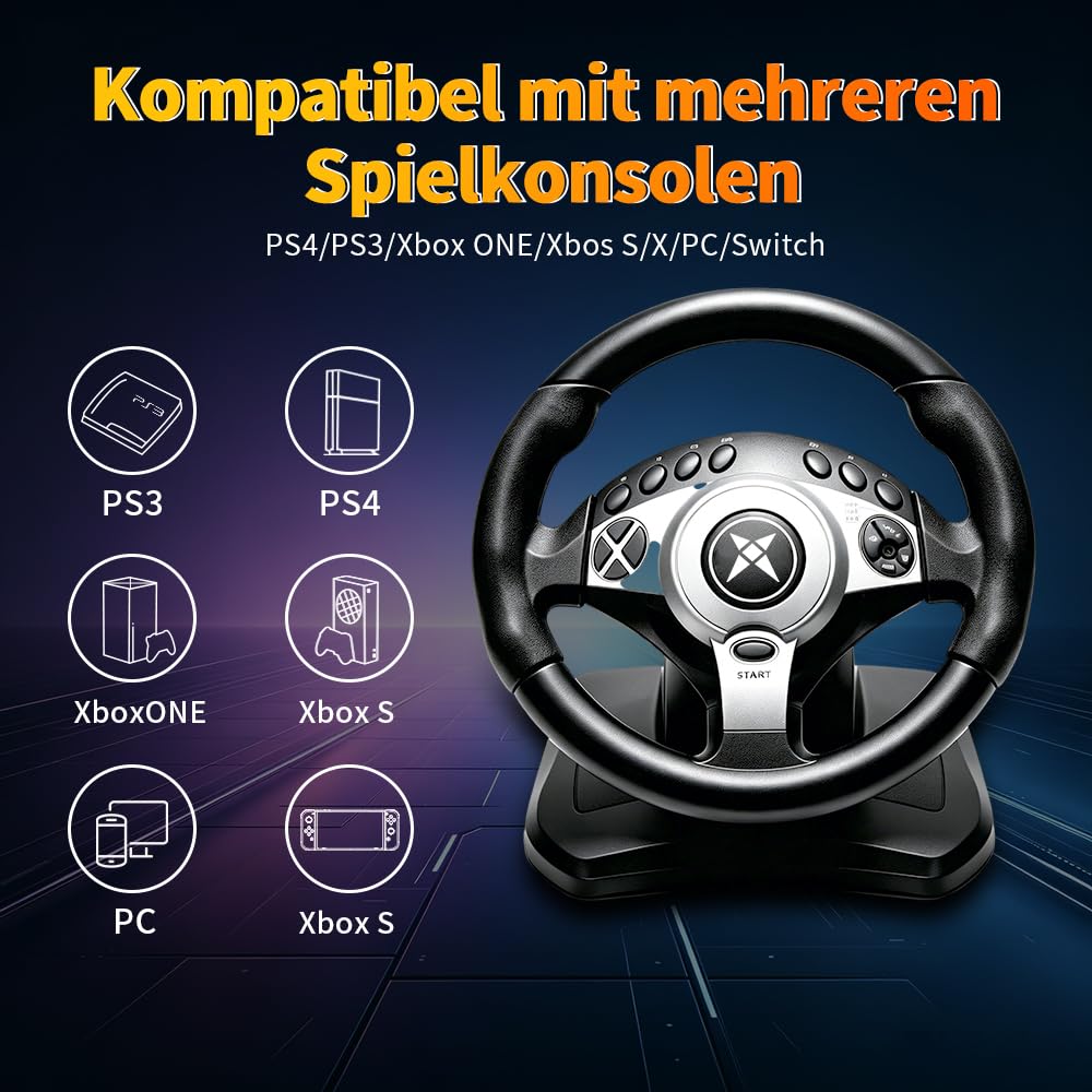 DOYO Rennrad mit 270/400°/900° Drehung, PC-Lenkrad mit Pedalen, Dual-Motor Vibration & Getriebeschalter für PS3, PS4, PC, Switch