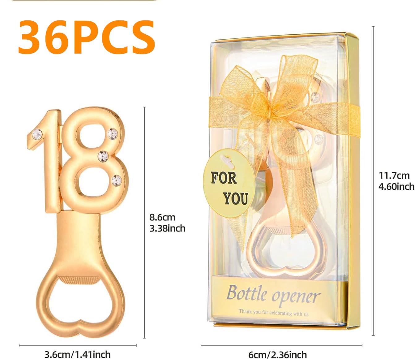 DADEA 36 apribottiglie dorati, per 18° compleanno, bomboniere per 18° anniversario, per gli ospiti, apribottiglie, per feste di compleanno, souvenir, decorazioni (18, 36 pezzi)