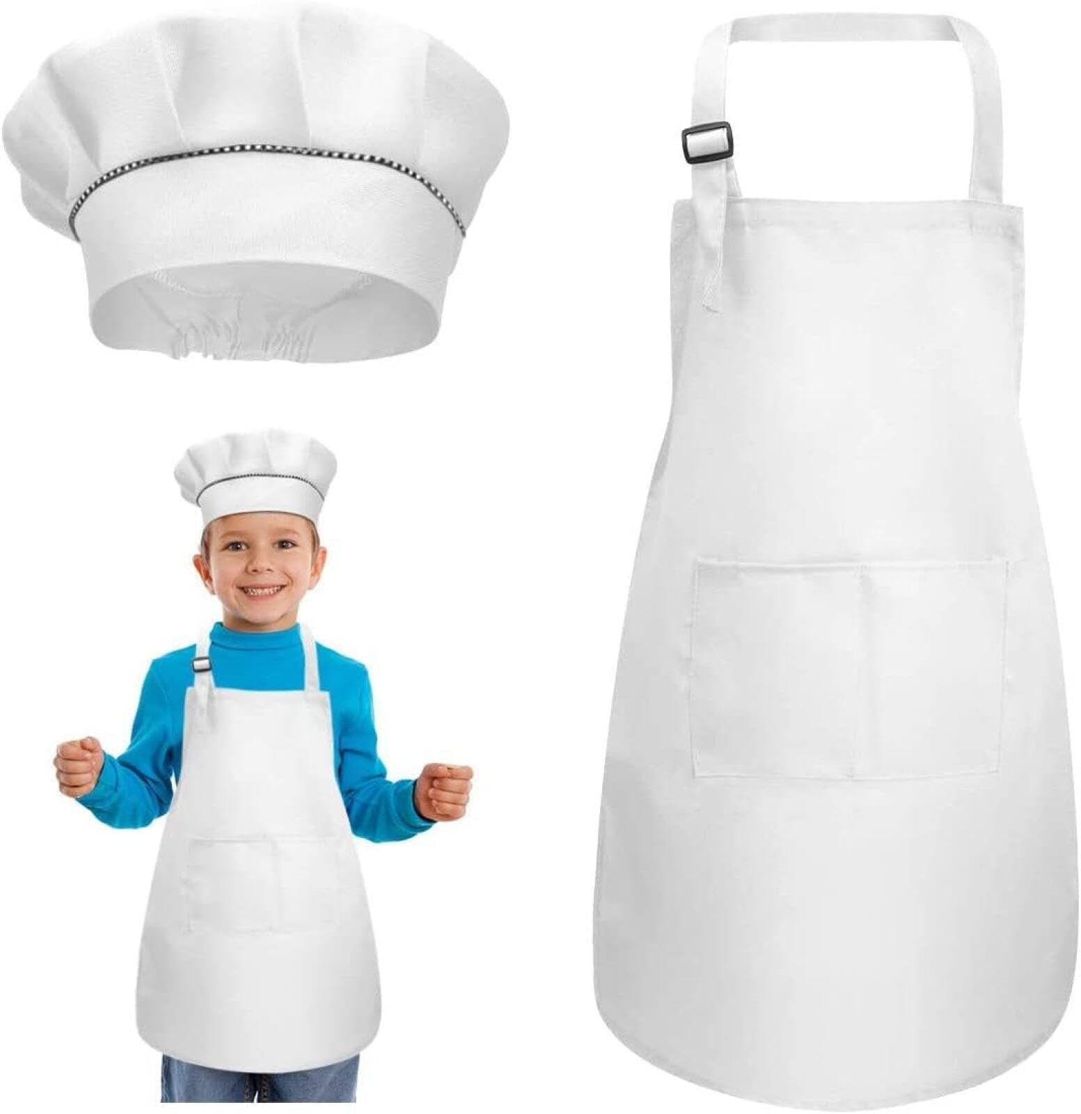 4 Pcs White Kids Apron and Chef Hat Set, Boys Girls Adjustable Aprons with 2 Pockets, Children Chef Apron Toddler Kitchen Garden Bib Aprons for Cooking Crafting Painting Baking (7-13 Year)