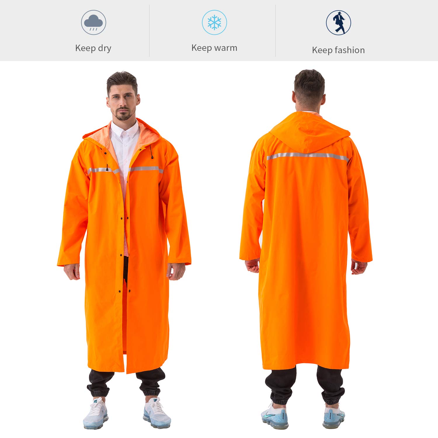 Regenmantel 100% Wasserdicht, der Extra Lange Regenschutz mit Taschen/Reflexstreifen/Kordelzughauben/Reißverschluss/Knopf, 3 Farben, 3 Größen