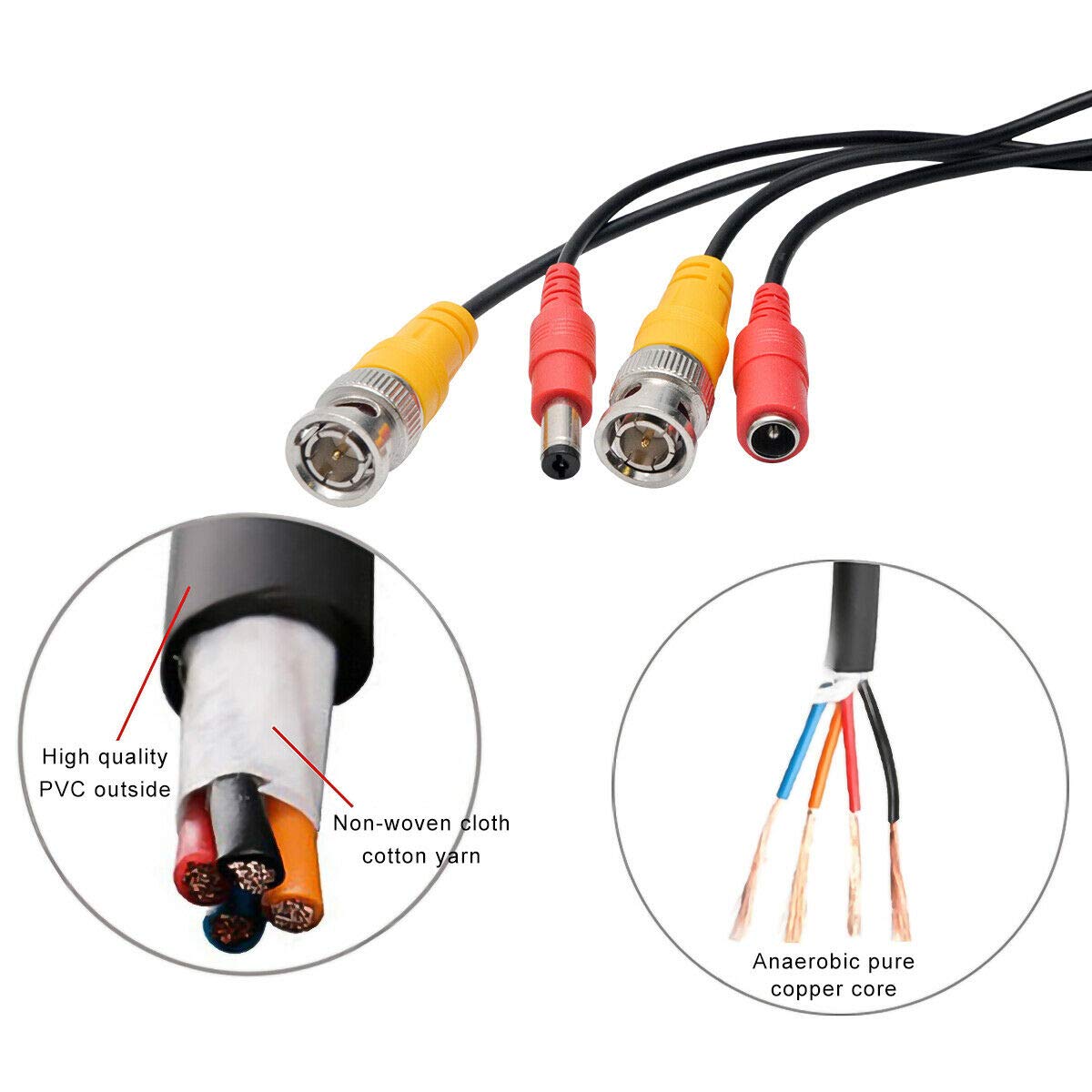 Riloer BNC Cable de Alimentación de Video Cables de Extensión RCA DC para Cámara CCTV Kit de Sistema de Seguridad DVR (50M)