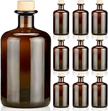 9 x Apothecary Bottles Brown 500 ml Empty Wooden Cork Natural Elegant Brown Glass Bottles Antique Black for Oil, Gin, Herbs Schnapps or as a Gift 0.5 L Glass Bottles