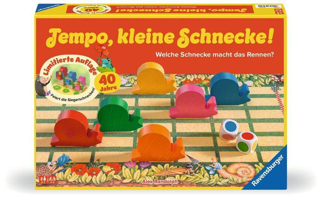 Ravensburger Kinderspiel 23034 Tempo Small Snail 40th Anniversary, Popular Snail Race with Additional Award Ceremony, Board Game for Girls and Boys, 2-6 Players, from 3 Years