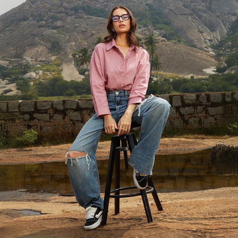 Image of PINACOLADA Women's Solid Oversized Shirt for Casual Wear | Spread Collar | Long Sleeve | Button Closure | Oversized Shirt Crafted with Comfort Fit for Everyday Wear
