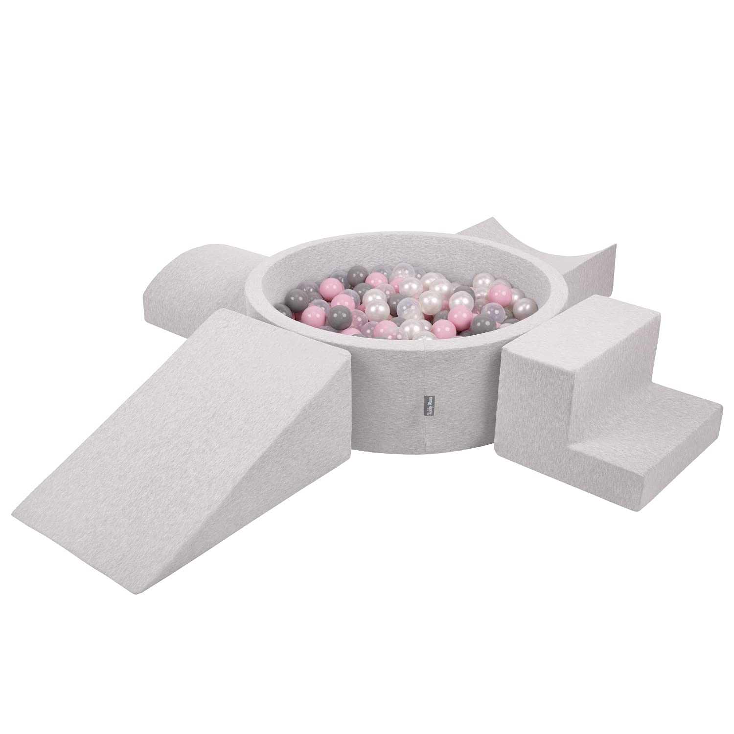 KiddyMoon Foam Playground For Kids With Round Ballpit (200 Balls ∅ 7Cm/2.75In) Soft Obstacles Course And Ball Pool, Made In The EU, Lightgrey:Pearl/Grey/Transparent/Powderpink — image 1