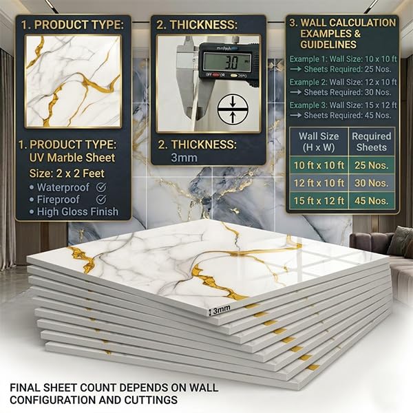 Image of WALLVEAR UV Marble Wall Panel 2x2 Ft PVC High Gloss Sheet, Pack of 16