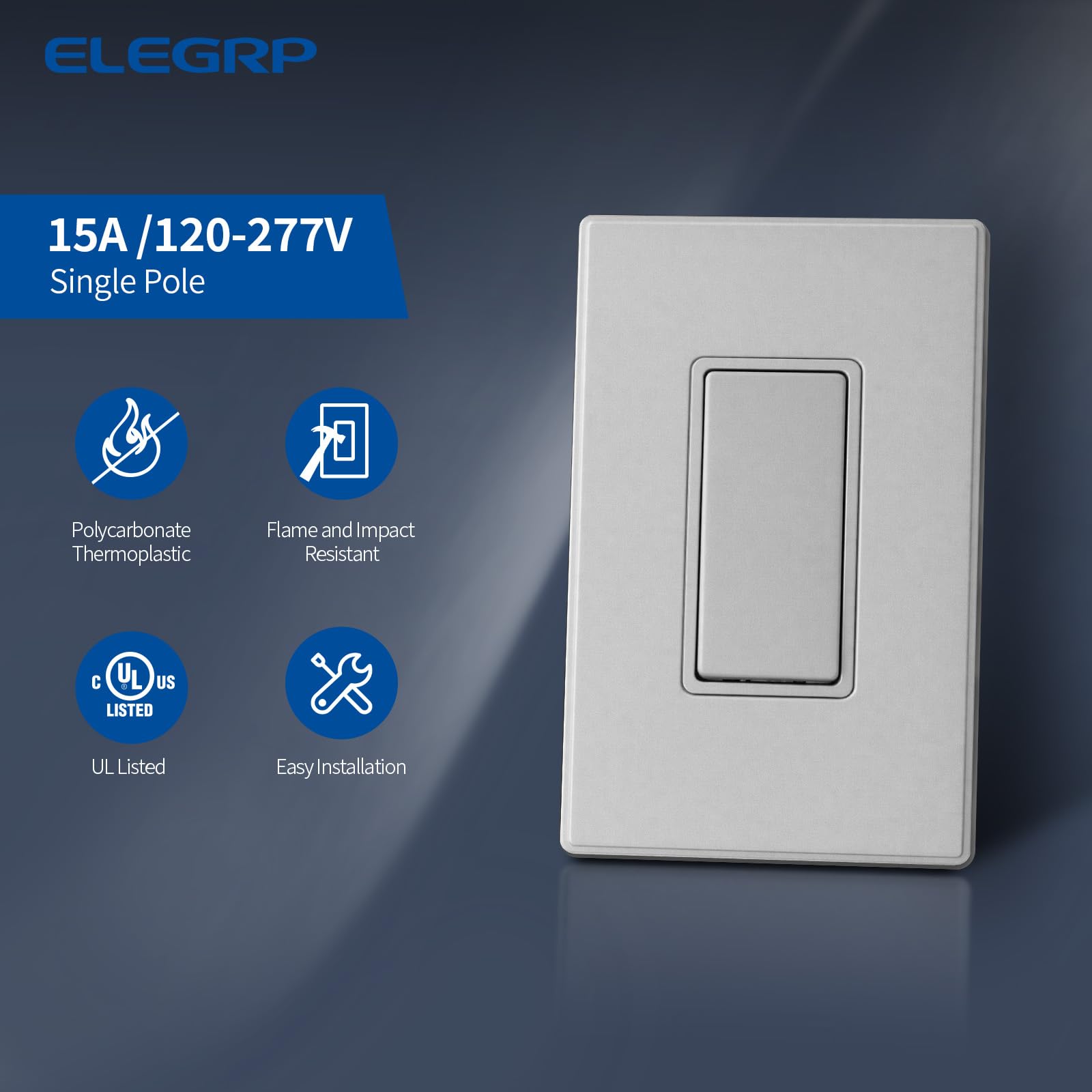 ELEGRP Interruptor de luz decorativo de un solo polo gris mate, 15 A 120/277 V, repuesto de interruptor basculante de pala, interruptor de pared de encendido/apagado, autoconexión a tierra, grado