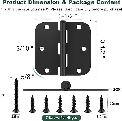 Miniatura 6 de Paquete de 50 bisagras redondeadas de 3.5 x 3.5 pulgadas, color negro mate, bisagras de puerta interior de radio de 58 pulgadas, bisagras