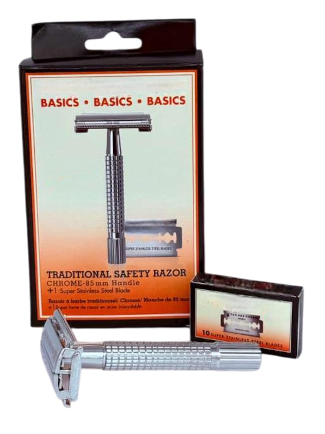 Traditional Safety Razor V D H, 85mm Chrome Basics with 10 Super Stainless Steel Blade Refills - Close Shaving for Sensitive Skin