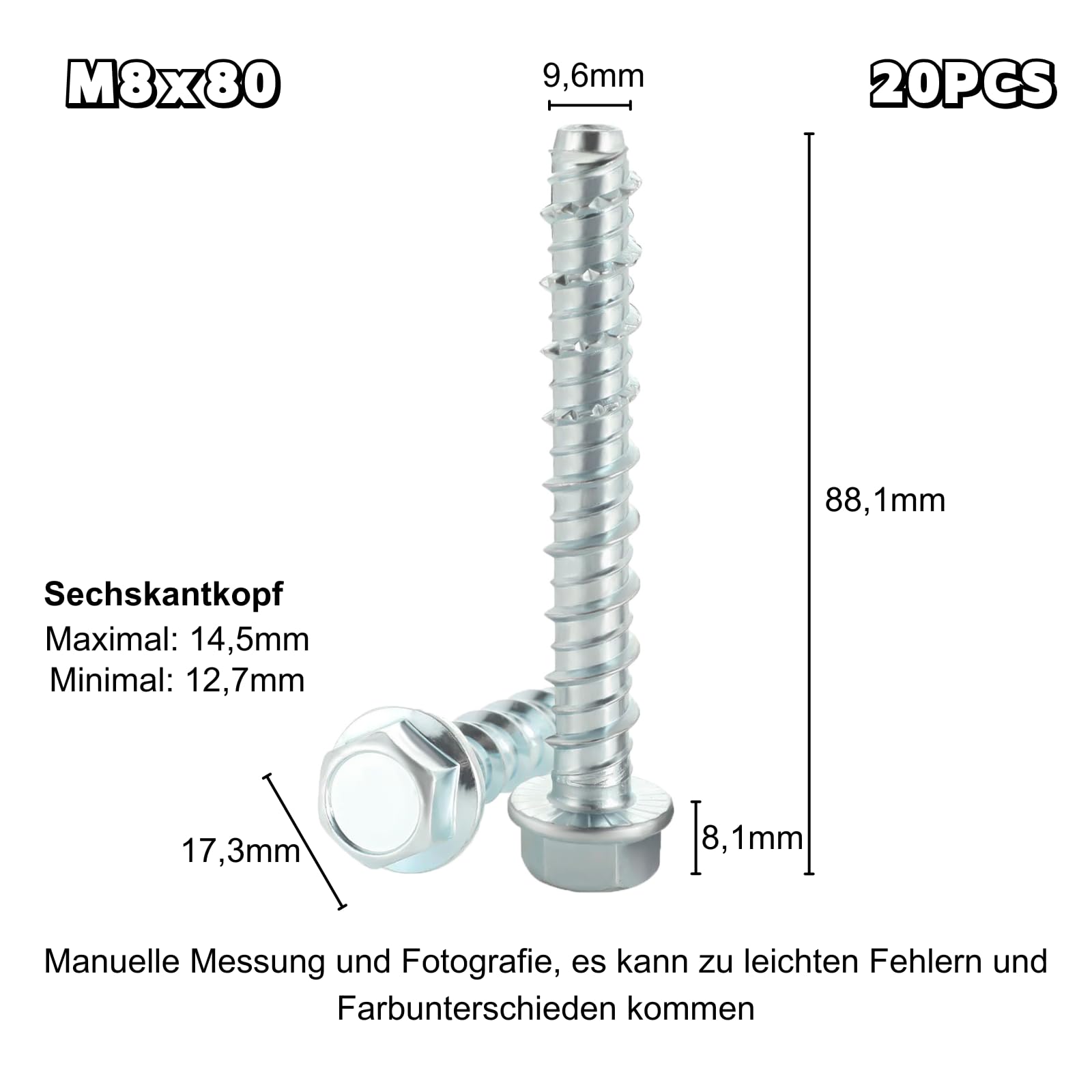 ORTAVA Viti per calcestruzzo testa esagonale M8 x 80, 20 pezzi vite per cemento zincato con disco per muratura, cemento, architettura, industria.