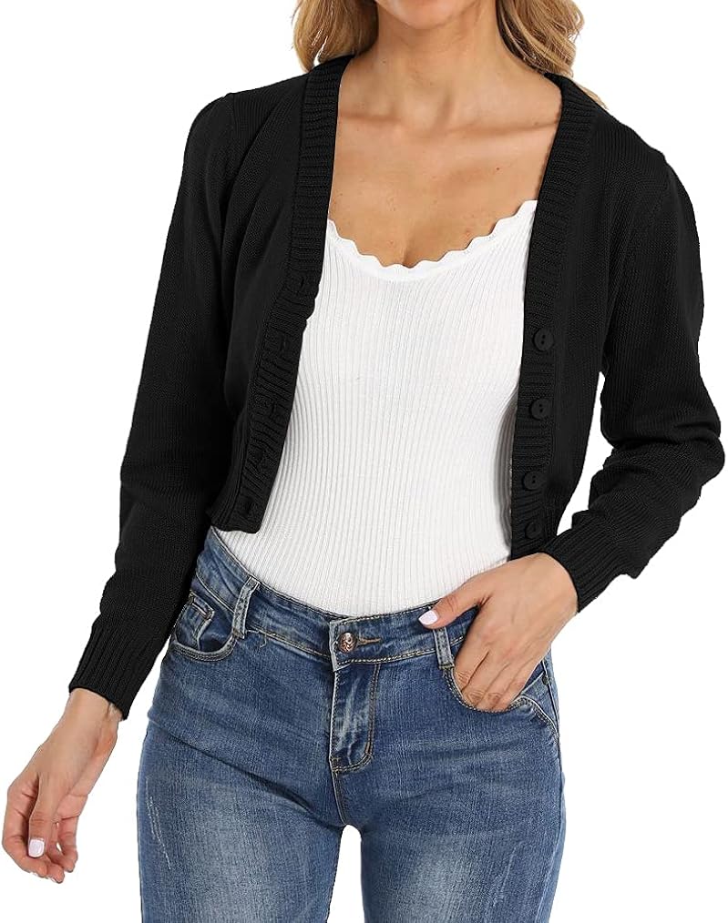 SUPRELOOK Woman's Long Sleeve Cropped Cardigan Button Down V Neck Knitted Bolero Shrug Sweaters at  Women’s Clothing store