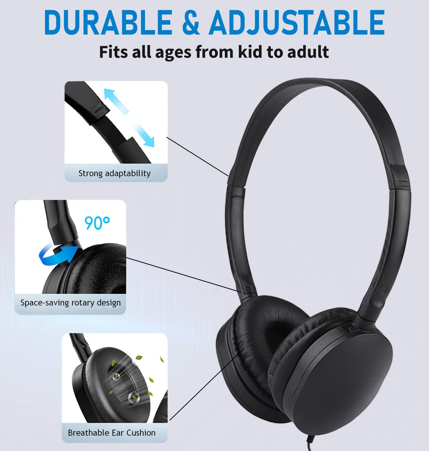 Confezione da 10 cuffie per bambini, scuola, classe, resistenti, set di classe per studenti, bambini, ragazzi, ragazze, adolescenti, jack da 3,5 mm (nero)