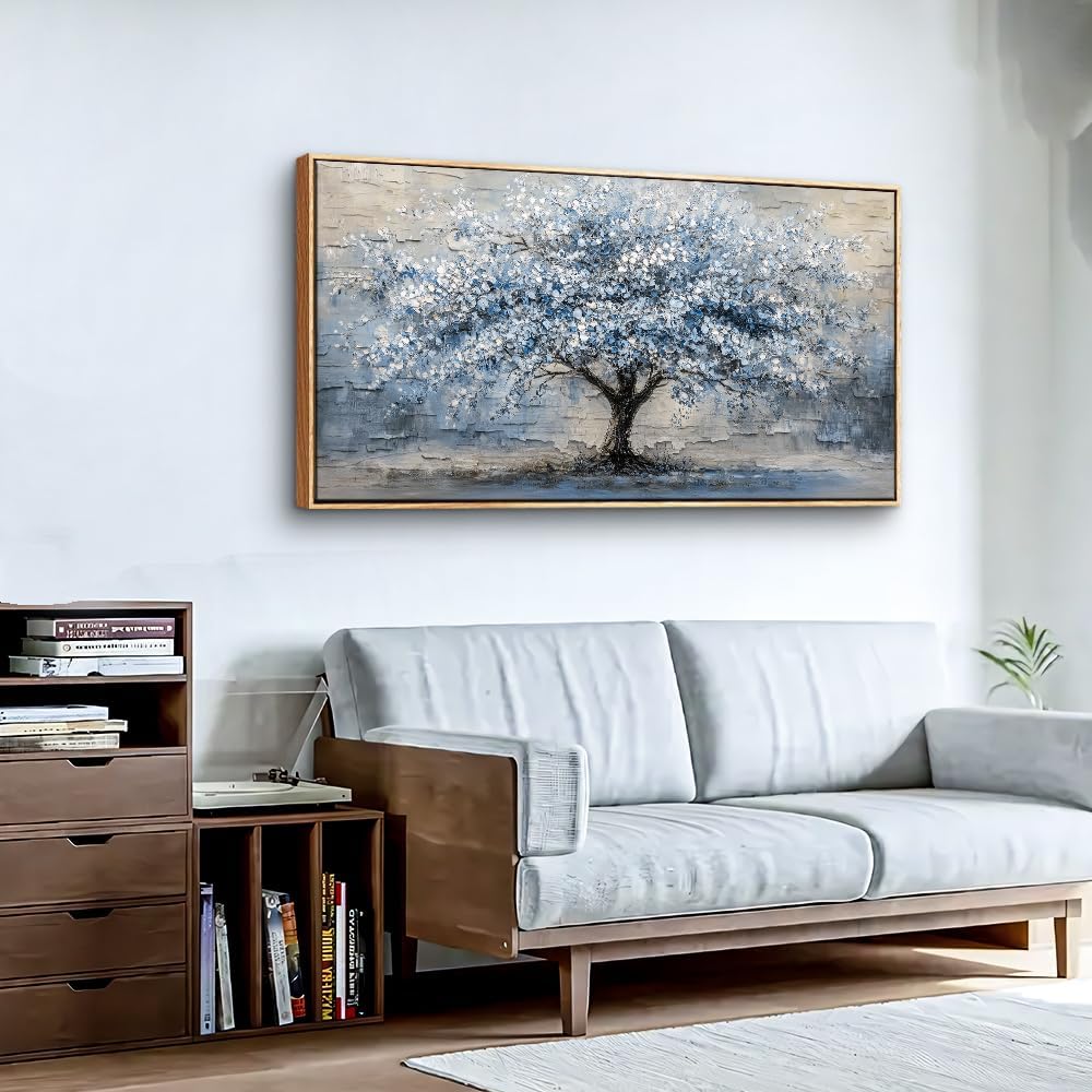 ZUITINGHUA Canvas Wall Art For Living Room Wood Framed Wall Decor For Bedroom Modern Office Decorations Grayish Blue Painting Tree Abstract Picture Canvas Prints Artwork Home Decor Posters 20x40 In