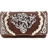 Justin West Horse Floral Embroidery Square Stud Croc Wristlet Trifold Wallet Attachable Long Strap (Brown)