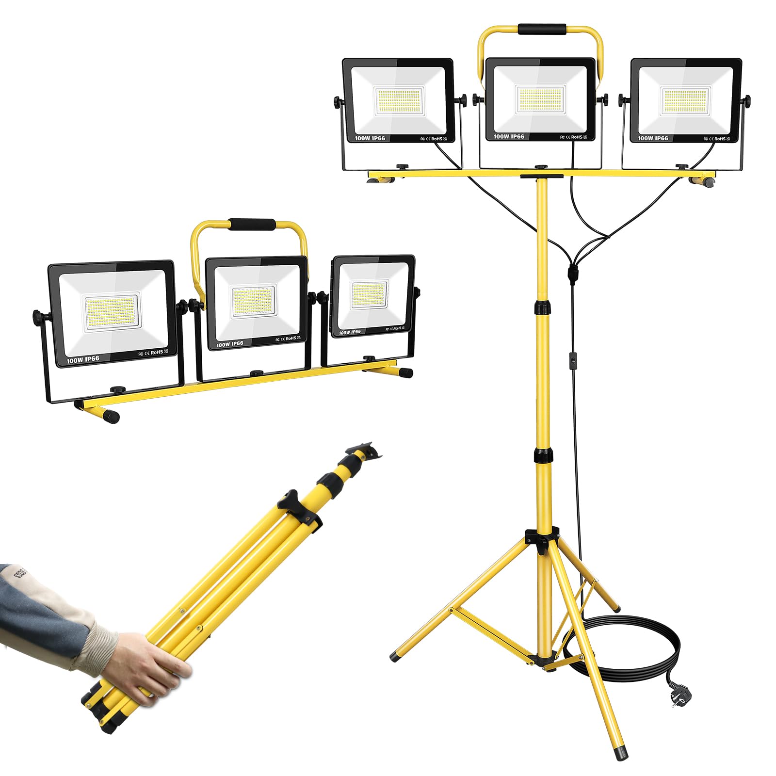 3 x 100W LED Faretto da cantiere con treppiede, 30000LM 175V a 265V IP66 Impermeabile Lampada da lavoro a LED per interni ed esterni con cavo da 5 m per officina, garage, cantiere, seminterrato