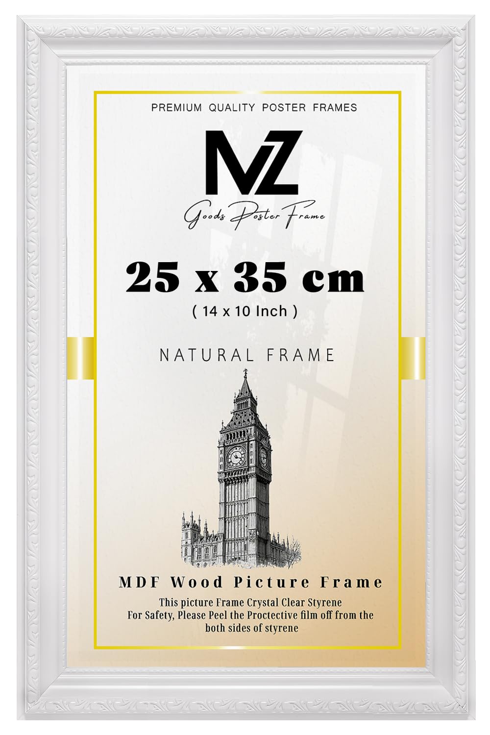 MZ Goods - Elegant Rectangle (25 x 35 CM) Poster/Picture | with Solid Polcore, Hanging Hooks Clear Perxpex Perfect for Any Room 14 x 10 Inch [ White ]