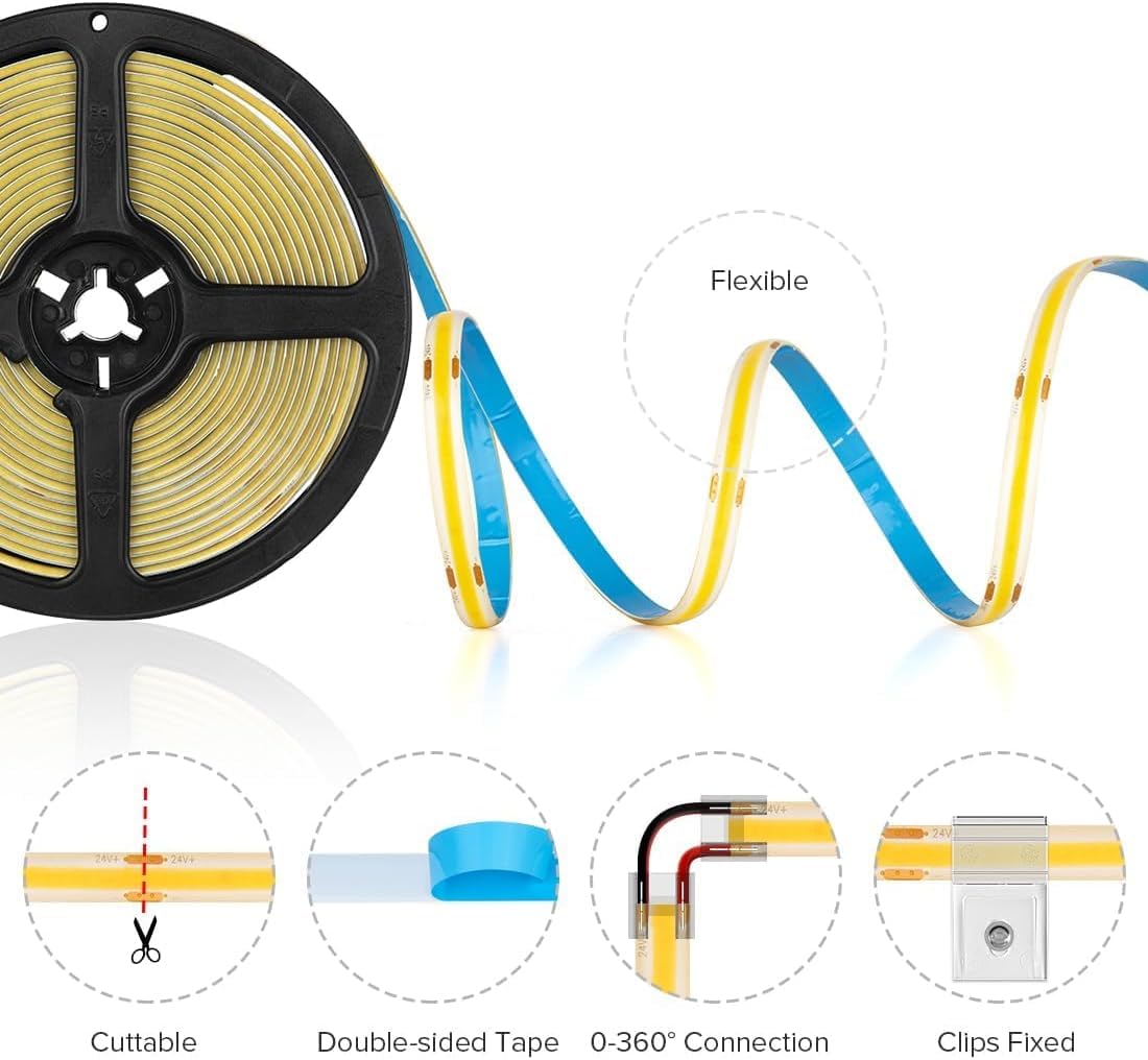 BTF-LIGHTING FCOB flexibele hoge dichtheid COB LED Strip 5M 480LEDs/M Koel wit 6000K 10W/M 24V IP65 waterdicht dimbare CRI> 90 LED licht voor kamer DIY decoratie (niet inhoud voeding＆ controller