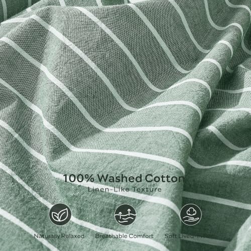 Image of JELLYMONI 100% Washed Cotton Forest Green Striped Duvet Cover Set Twin