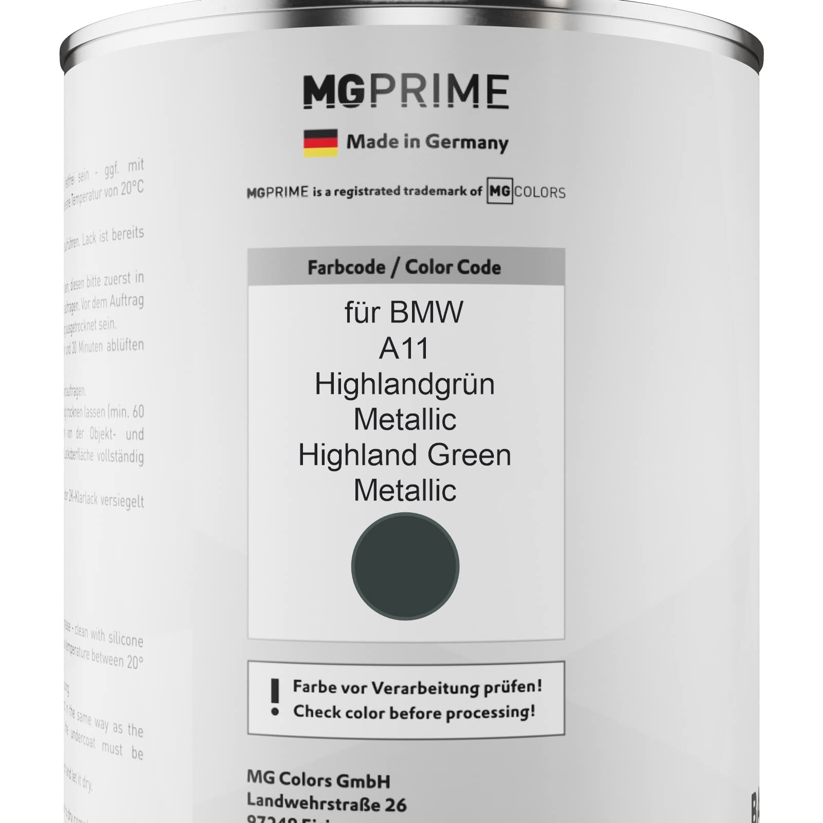 MG PRIME Peinture voiture kit de pot pour BMW A11 Highlandgrün Metallic/Highland Green Metallic couche de base vernis 2C durcisseur prêt à pulvériser 2,5l