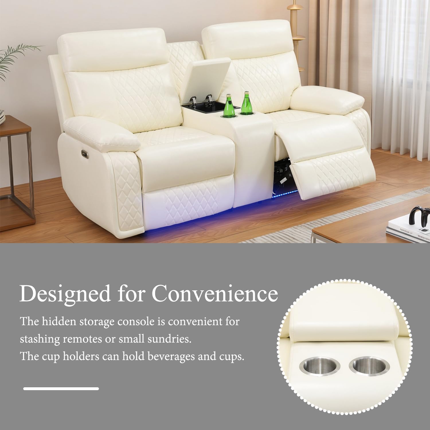 3 Piece Living Room Set Breathing Leather Power Recliner Sofa Loveseat and Chair with USB Ports, LED Lighting and Cup Holders Home Theater Seating for Living Room (Off White)