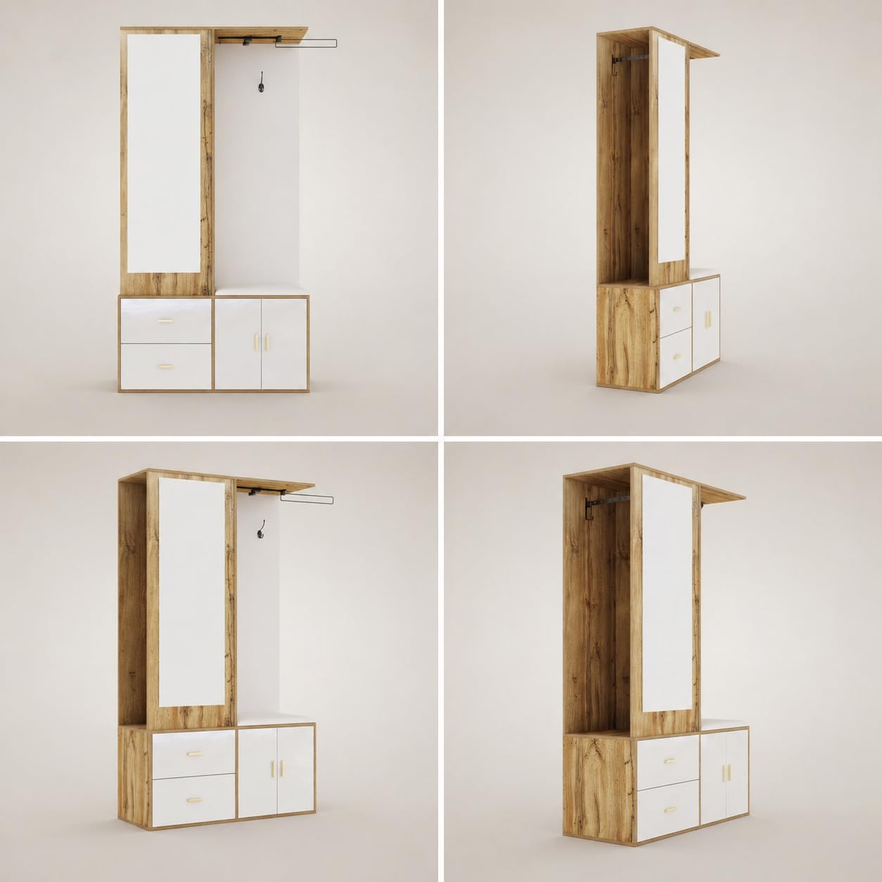 Ensemble d'armoire de Couloir - Miroir, Banc à Chaussures et Tringle à vêtements Extensible - Ensemble Moderne et Peu encombrant - en Bois Blanc