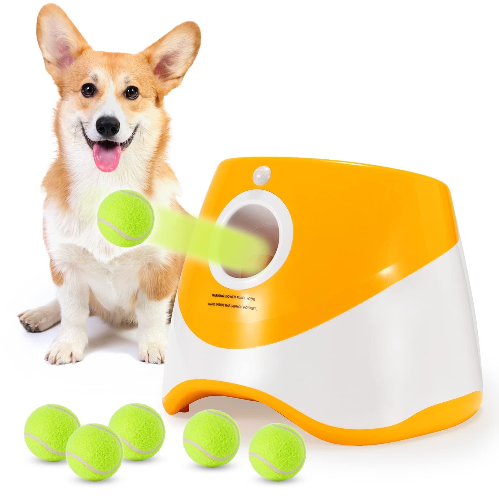 SOCO Automatic Ball Launcher for Dogs, USB Rechargeable with 3 Distances (10/20/30 ft), Safety LED Indicator, Include 6 Tennis Balls, Indoor/Outdoor Fetch Toy for Small/Medium Dogs