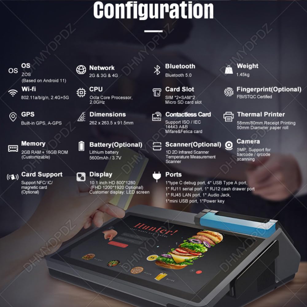 Registratore di Cassa Touch Screen da 10.1 Pollici,registratore di Cassa Pos,Terminale POS Tutto in Uno con Stampante, Personalizzabile Come Uno Smartphone, per Ufficio e Ristorante