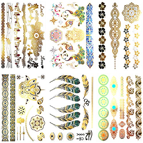 Flash Temporary Tattoos for Women Girls Teen, Gold Mehndi Glitter Temp Tattoo, Fake Body Waterproof Tattoo Stickers (6 Sheets)