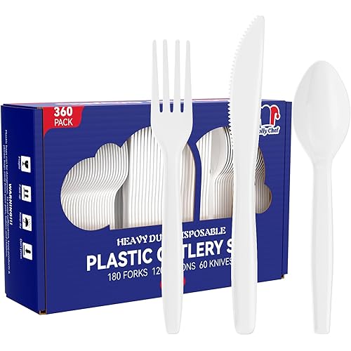 JOLLY CHEF 360 Count White Plastic Silverware Heavy Duty, 180 Forks, 120 Spoons, 60 Knives, Heat Resistant, BPA Free, Plastic Utensils Set, Disposable Cutlery set, Premium Clear Utencils