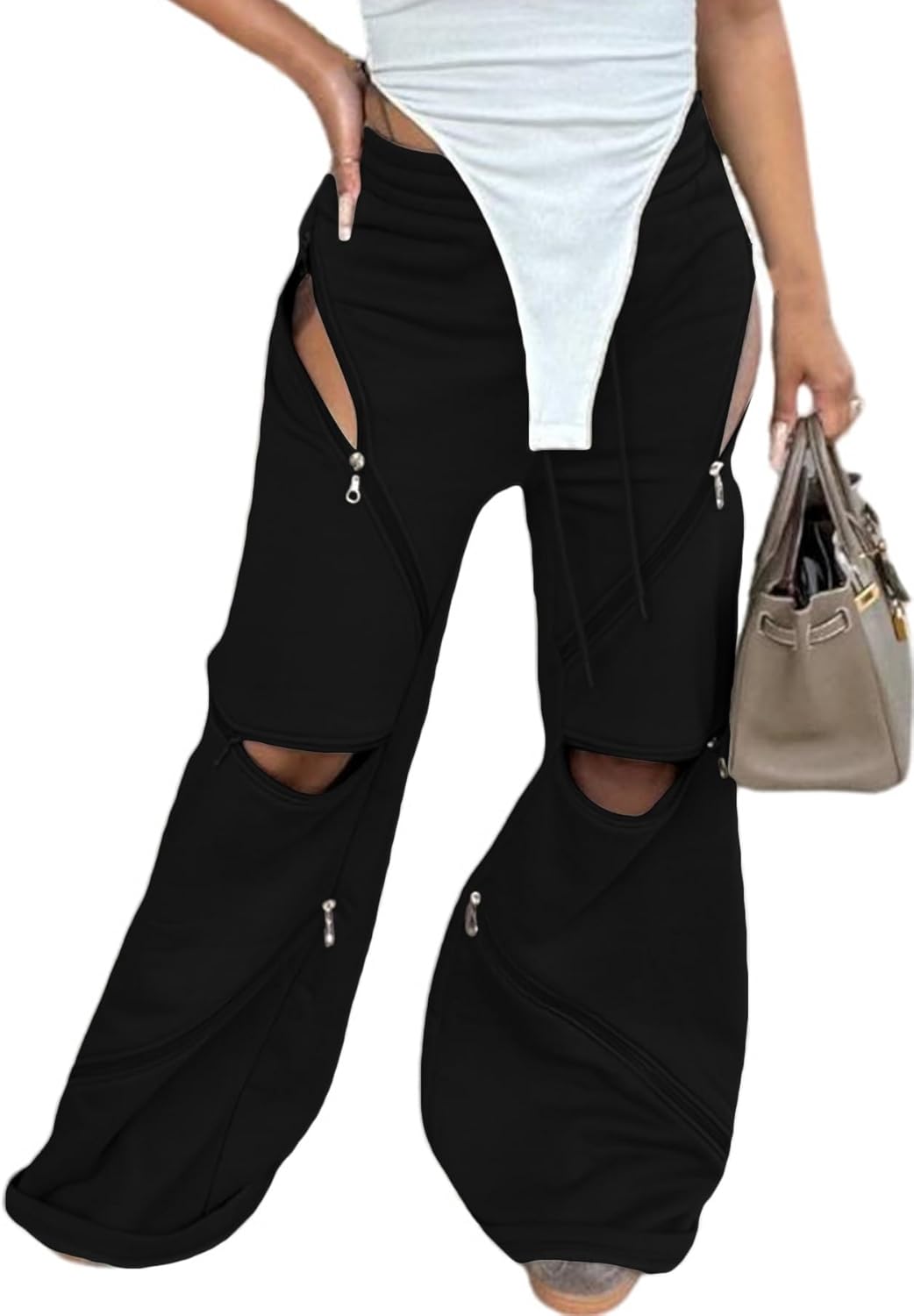 DINGANG Women Wide Leg Baggy Sweatpants High Waisted Flare Pants Y2K Multi Zipper Drawstring Cargo Sweatpant