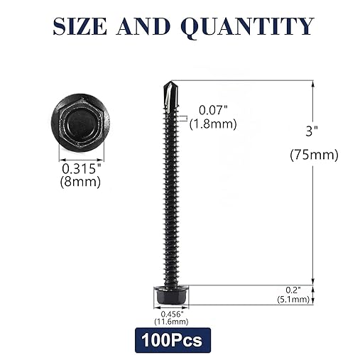Miniatura 2 de #12 x 3 tornillos de chapa metálica 100 piezas 410 tornillos de acero inoxidable 410 tornillos Tek tornillos autorroscantes rápidos Óxido negro por
