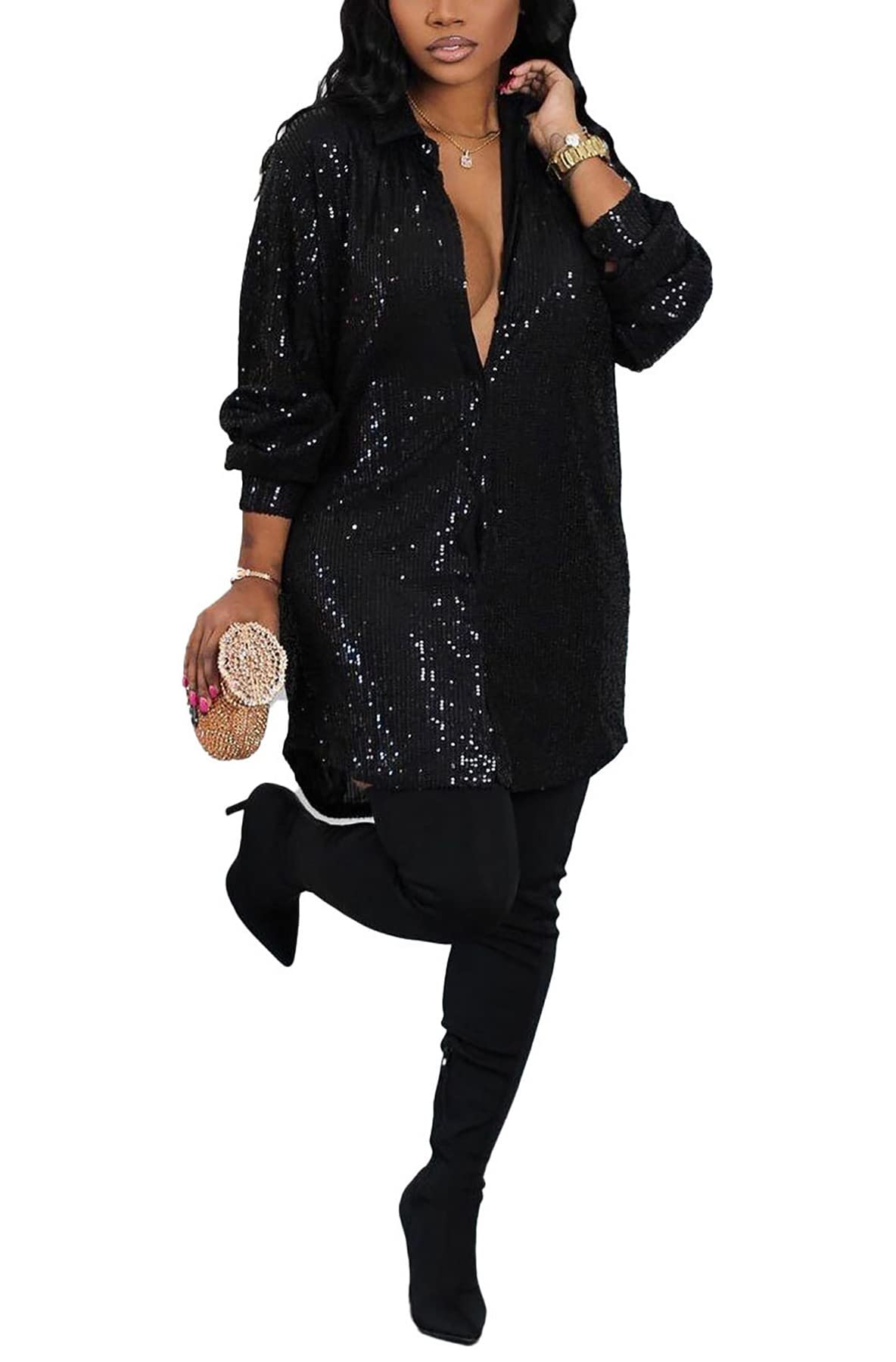 Women's Sequin Button Down Shirt Dress Long Sleeve Loose Fit Blouse Top Mini Dress Party Sexy Clubwear