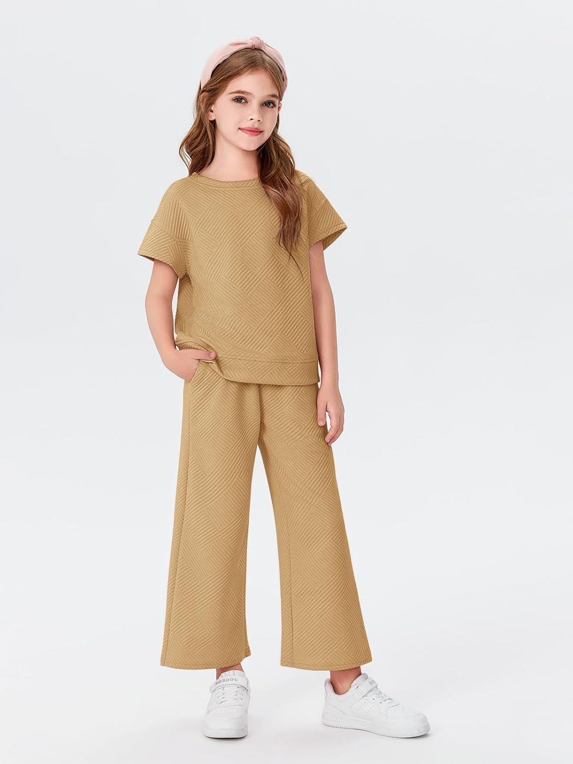 Haloumoning Girls' Clothing Sets Kids Fashion Short Sleeve Crew Neck Tops Wide Leg Pants Sweatsuit with Pocket 5-14Y - Image 2